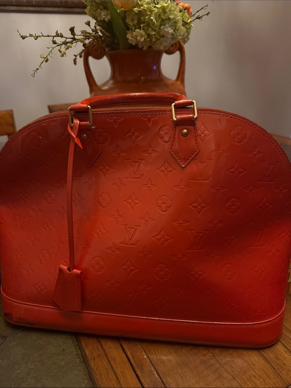 Louis Vuitton Red Vernis Alma GM Satchel with Monogram Embossing